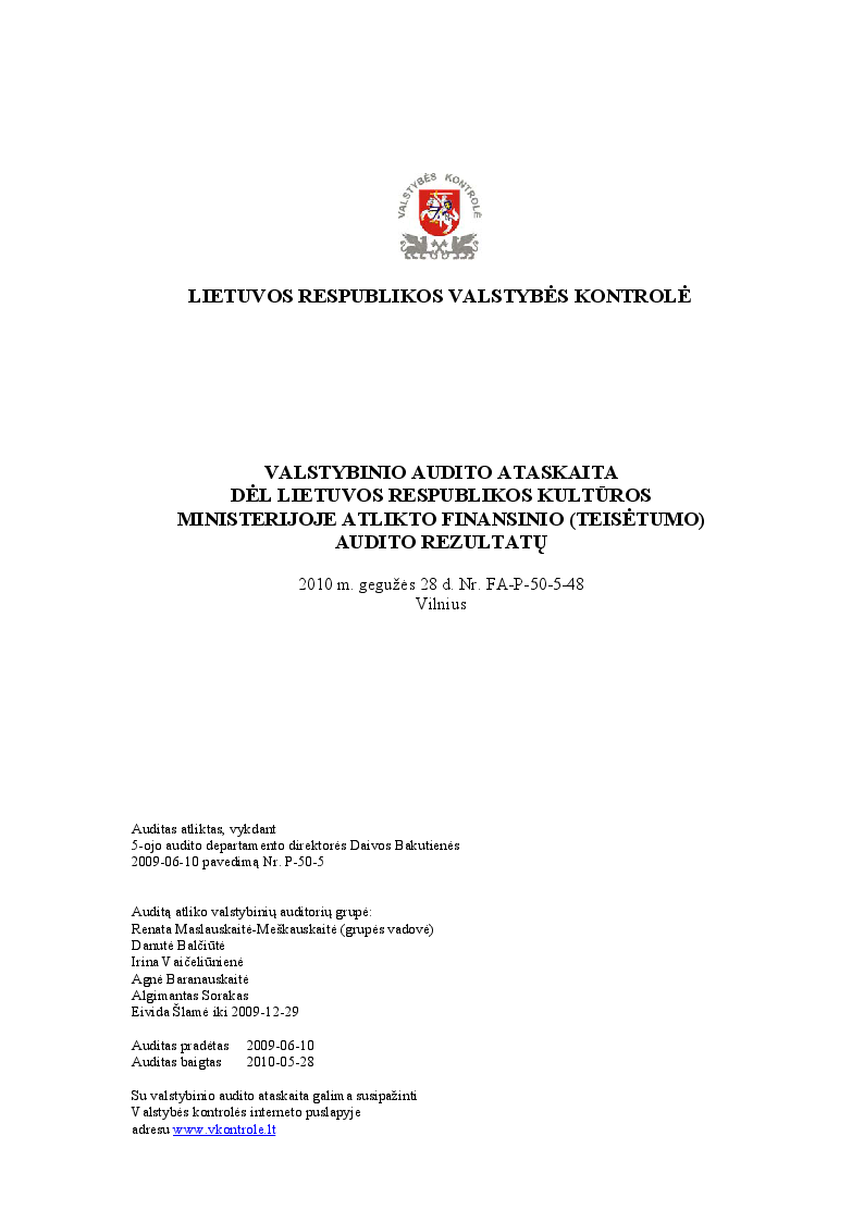 Dėl Kultūros ministerijoje atlikto finansinio (teisėtumo) audito rezultatų