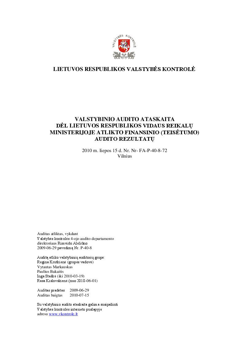 Dėl Lietuvos Respublikos vidaus reikalų ministerijoje atlikto finansinio (teisėtumo) audito rezultatų