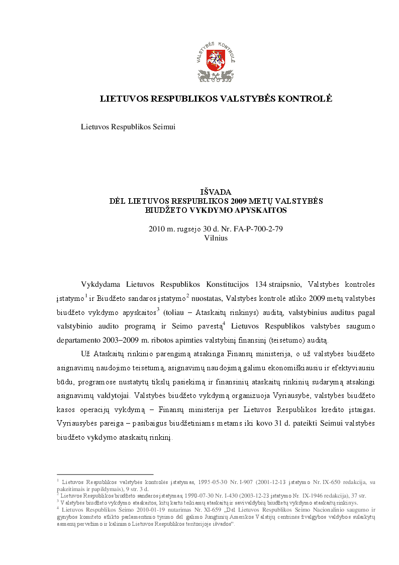 Išvada dėl Lietuvos Respublikos 2009 metų valstybės biudžeto vykdymo apyskaitos