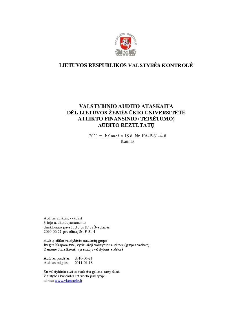 Dėl Lietuvos žemės ūkio universitete atlikto finansinio (teisėtumo) audito rezultatų