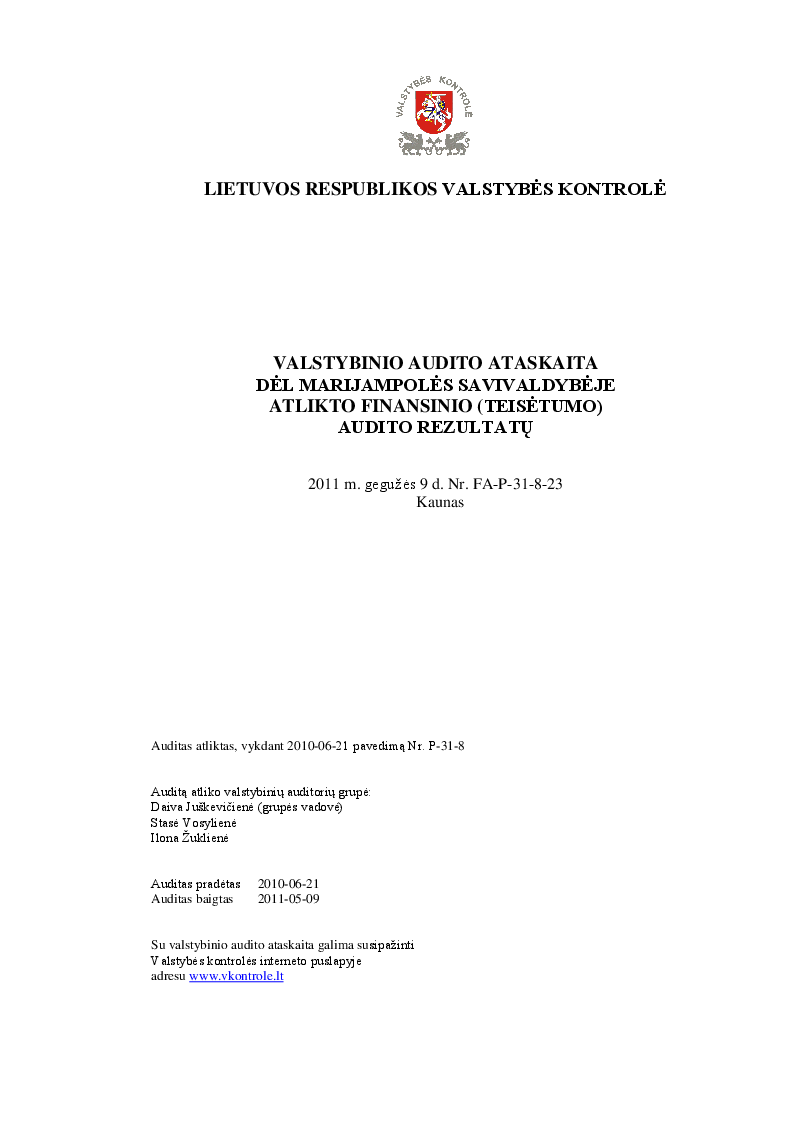 Dėl Marijampolės savivaldybėje atlikto finansinio (teisėtumo) audito rezultatų