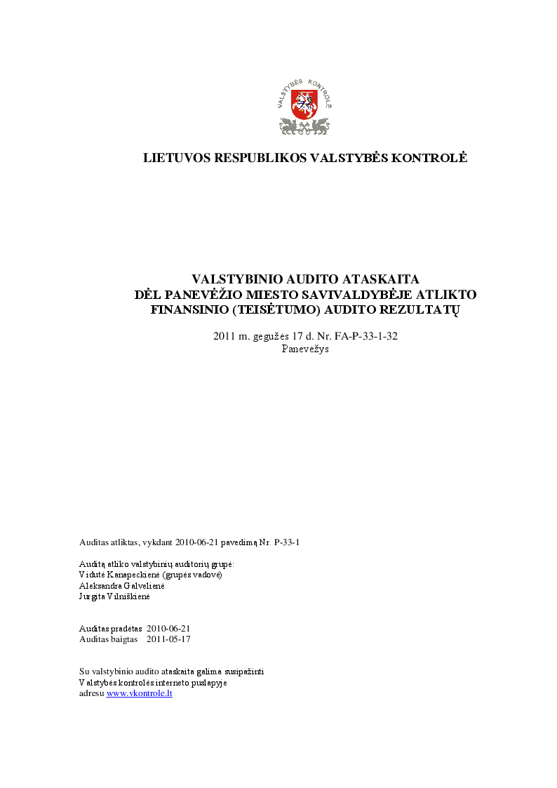Dėl Panevėžio miesto savivaldybėje atlikto finansinio (teisėtumo) audito rezultatų