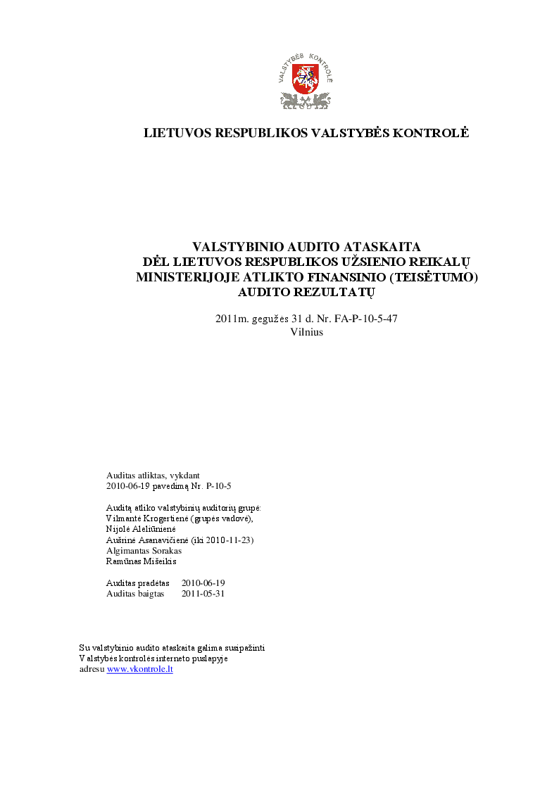 Dėl Lietuvos Respublikos užsienio reikalų ministerijoje atlikto finansinio (teisėtumo) audito rezultatų
