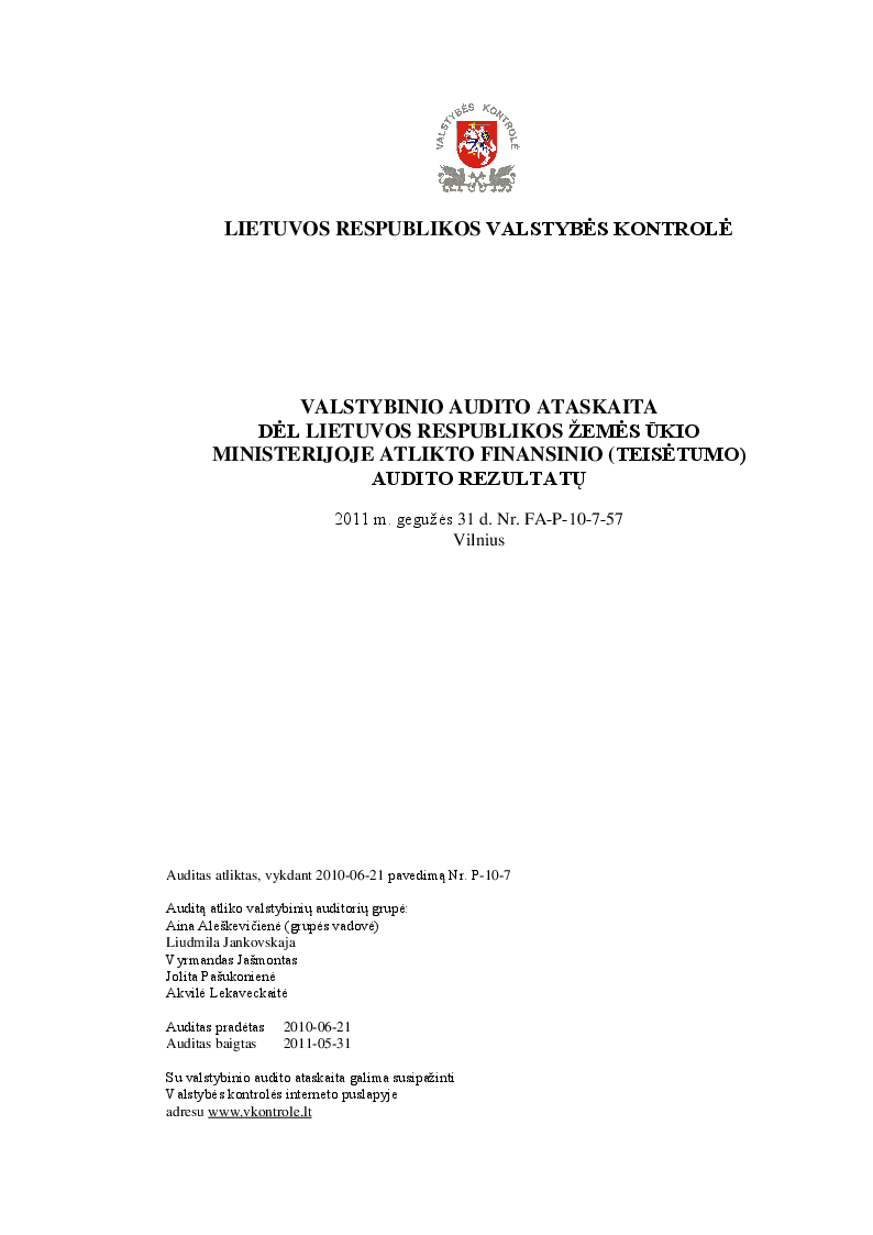 Dėl Lietuvos Respublikos žemės ūkio ministerijoje atlikto finansinio (teisėtumo) audito rezultatų