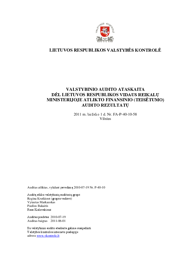 Dėl Lietuvos Respublikos vidaus reikalų ministerijoje atlikto finansinio (teisėtumo) audito rezultatų