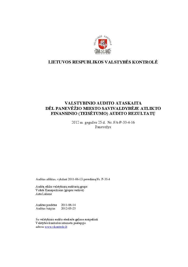 Dėl Panevėžio miesto savivaldybėje atlikto finansinio (teisėtumo) audito rezultatų